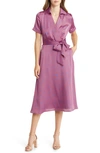 TAHARI ASL HAMMERED SATIN FAUX WRAP MIDI SHIRTDRESS