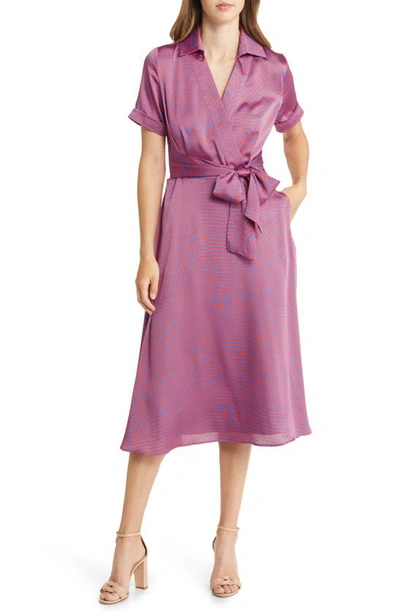 Tahari Asl Hammered Satin Faux Wrap Midi Shirtdress In Pink