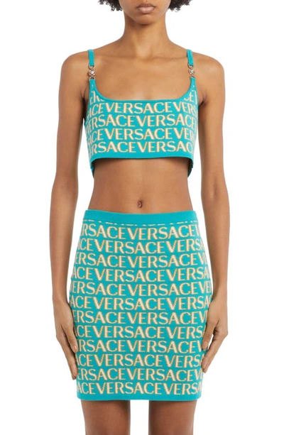 Versace Logo-print Cropped Cardigan In Turquoise