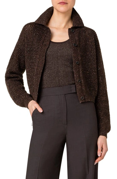 Akris Cashmere Short Knit Cardigan With Lurex Crochet Detail In Mocca