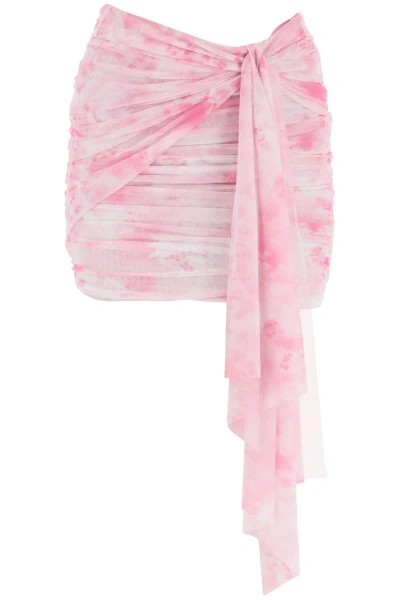 Msgm Ruched Mini Skirt In Tie-dye Mesh In White,pink