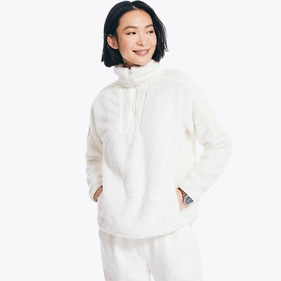 Nautica Womens Mixed Media Quarter-zip Sherpa Fleece In White
