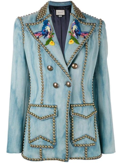 Gucci Embroidered Denim Jacket With Studs In Denim, Blue
