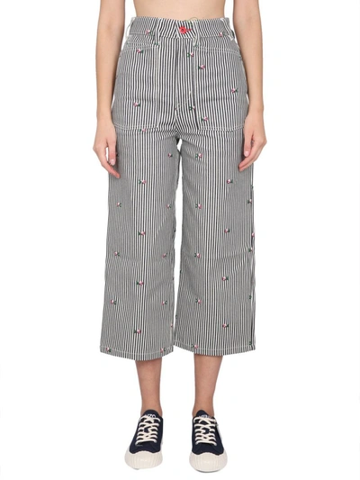 Kenzo Floral Embroidered Striped Cropped Jeans In Multi