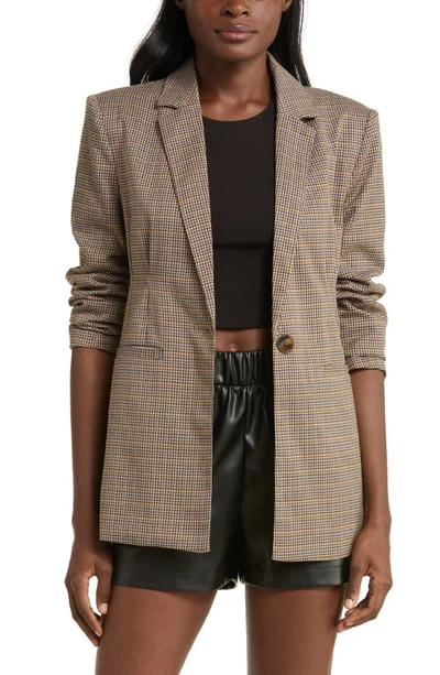 Steve Madden Cinched Waist Houndstooth Plaid Blazer In Brown Houndstooth