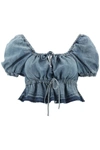 Ganni Short Sleeve Tint Edge Denim Puff Sleeve Top