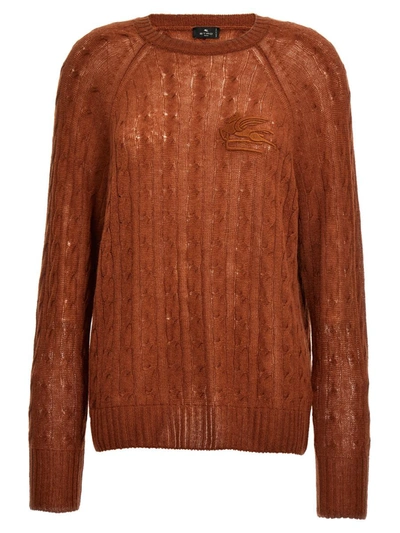 Etro Pegaso-motif Cable-knit Jumper In Brown