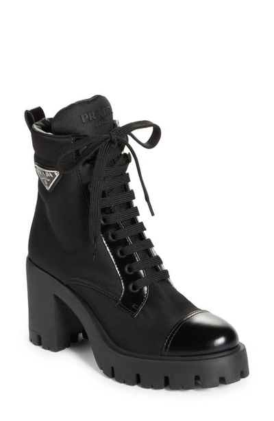 Prada Brushed Leather And Nylon Laced Booties In Black