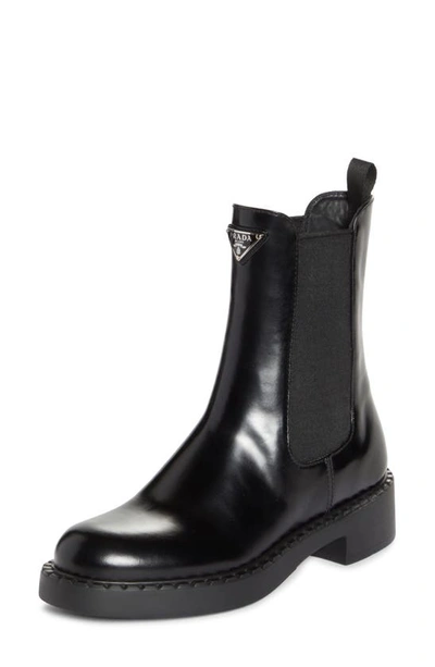 Prada Chocolate Leather Chelsea Boots In Black