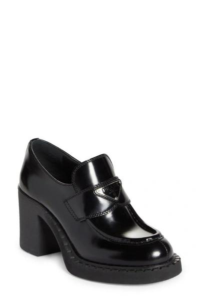 Prada Chocolate Patent Leather Loafer Pumps In Black