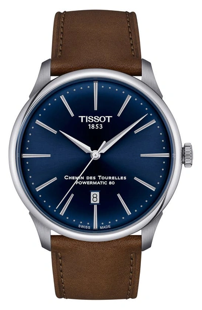 TISSOT CHEMIN DES TOURELLES POWERMATIC 80 LEATHER STRAP WATCH, 42MM