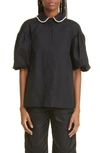 Simone Rocha Ruffle Trim Back Cutout Puff Sleeve Cotton Shirt In Black/ Pearl
