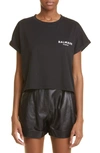 Balmain Short White Cotton T-shirt With Flocked Logo In Black