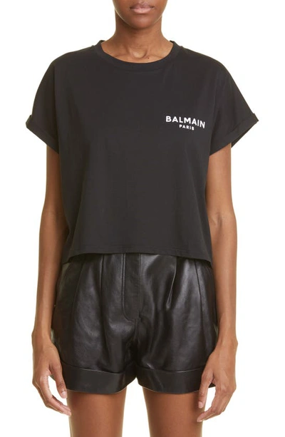 Balmain Flocked-logo Cropped T-shirt In Black White