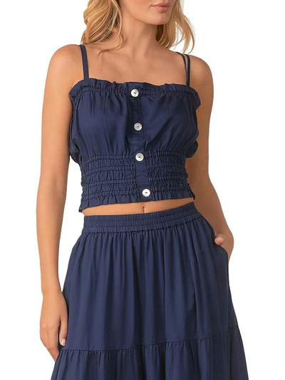Elan Womens Smocked Square Neck Cropped In Blue