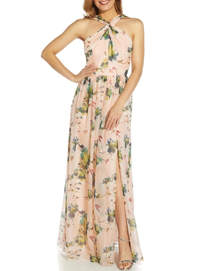 Adrianna Papell Floral-print Twist Halter Gown In Pink
