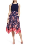 Vince Camuto Mixed Media Handkerchief Hem Midi Dress In Navy Multi