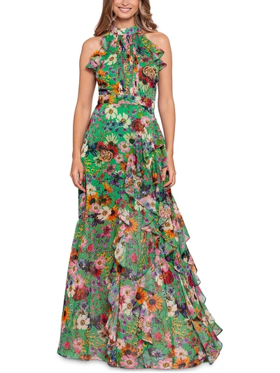 Betsy & Adam Chiffon Print Flutter Halter Dress In Green