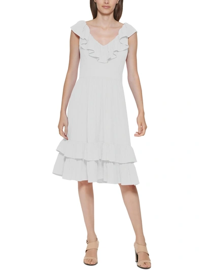 Calvin Klein Womens Ruffled V-neck Fit & Flare Dress In White