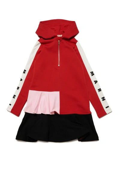 Marni Kids' Colourblock Cotton Hooded Maxi-sweatshirt Dress In Red