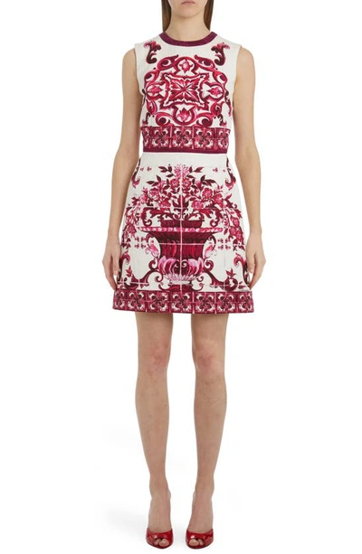 Dolce & Gabbana Majolica-print Brocade Mini Dress In Bianco E Fucsia