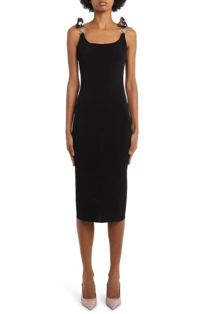 Versace Knit Midi Dress With Polka Dot Silk Twill Inserts In Black