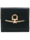 Ferragamo Hammered Leather Gold Gancini Compact Wallet In Black