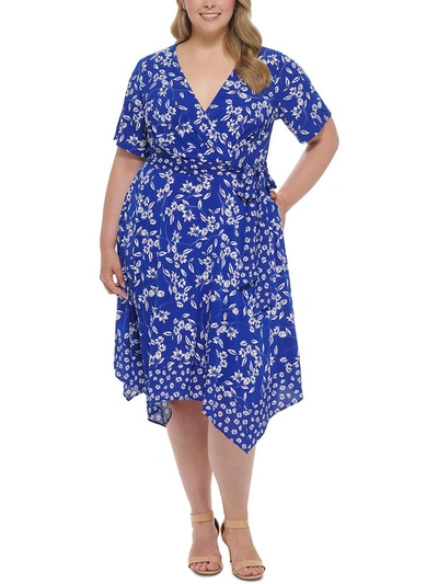 Jessica Howard Plus Womens Floral Print Tie Waist Midi Dress In Blue