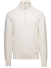 TOM FORD WHITE LONG-SLEEVE SWEATER WITH ZIP-UP MOCK NECK IN WOOL AND CASHMERE MAN