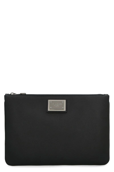 Dolce & Gabbana Logo Detail Flat Leather Pouch In Black