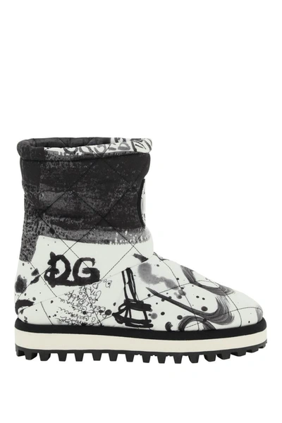 Dolce & Gabbana Nylon Ankle Boots With Logo Print In White,black