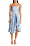 Lulus Days Like Today Blue Satin Asymmetrical Tie-back Midi Dress In Blue