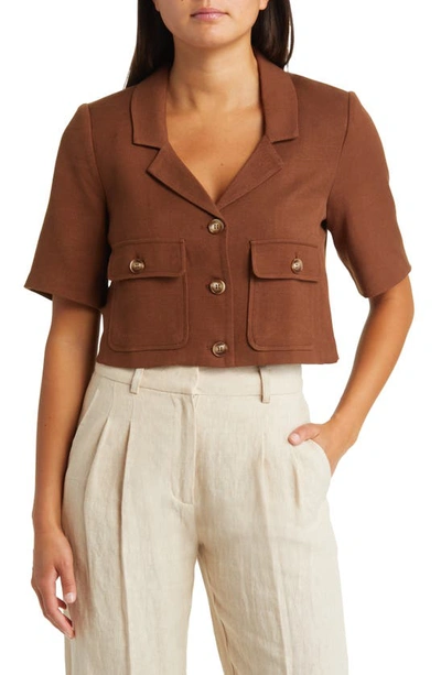 Sophie Rue Pauline Crop Linen Blend Suit Jacket In Brown