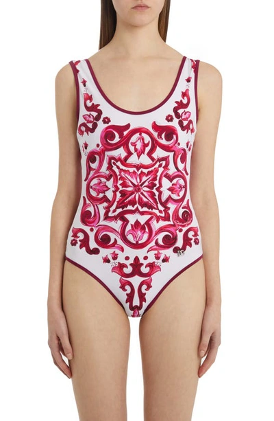 Dolce & Gabbana Maiolica-print One-piece Swimsuit In Red
