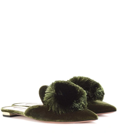 Aquazzura Powder Puff Velvet Backless Flats In Green