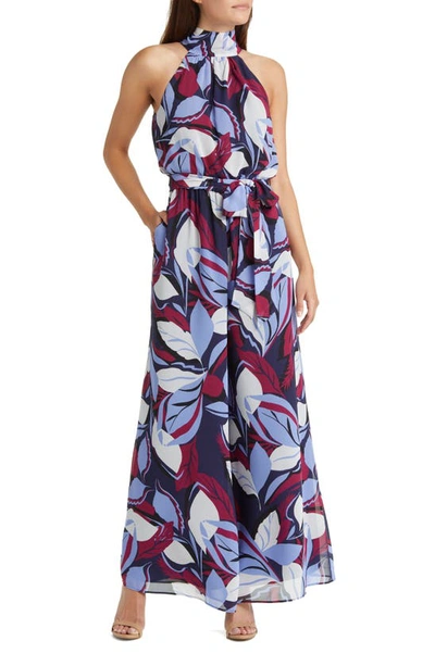 Eliza J Print Tie Waist Wide Leg Jumpsuit In Blue