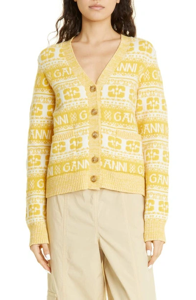 Ganni V-neck Knit Cardigan In Yellow