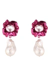 Sterling King Lola Floral Baroque Pearl Drop Earrings In Fuchsia
