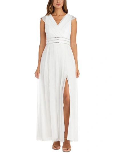 R & M Richards Metallic V Neck Gown With A Slit In White