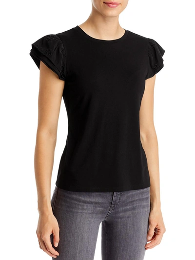 T Tahari Womens Eyelet Flutter Sleeves T-shirt In Black