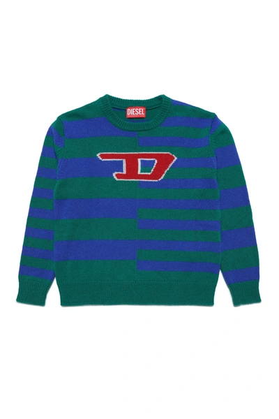 Diesel Kids' Striped Intarsia-logo Sweatshirt In Green