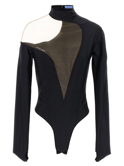Mugler Asymmetric Paneled Bodysuit In Black