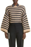 Brunello Cucinelli Stripe Crochet Virgin Wool, Cashmere & Silk Sweater In Cfe23-medium Beige