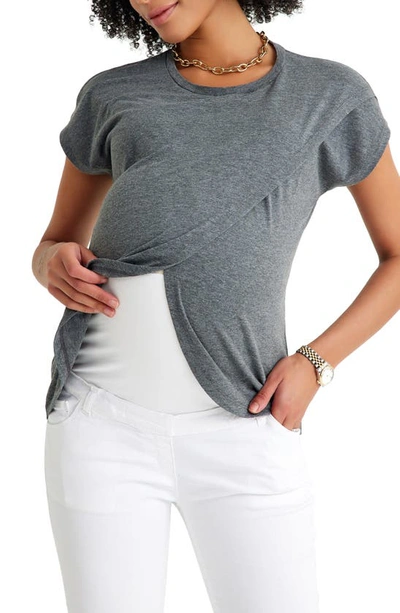 Accouchée Crossover Short Sleeve Cotton Maternity/nursing Top In Gray