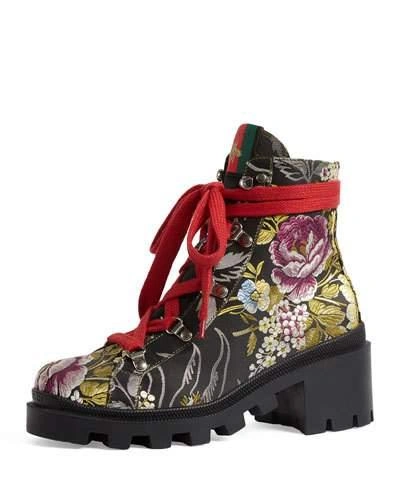 Gucci Trip Jacquard Lace Up Hiking Booties In Black