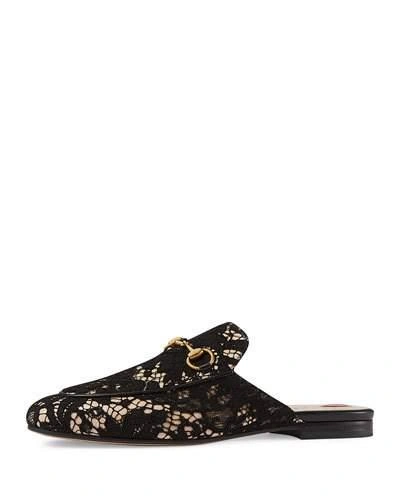 Gucci Princetown Floral-lace Backless Loafers In Black