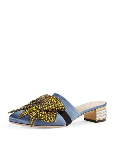 Gucci Candy Satin Embellished Bow Mules In Sapphire Blue