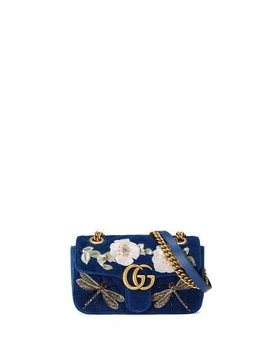 Gucci Gg Marmont Mini Embroidered Velvet Chain Shoulder Bag In Blue