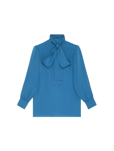 Gucci Tie-neck Silk Blouse In Blue