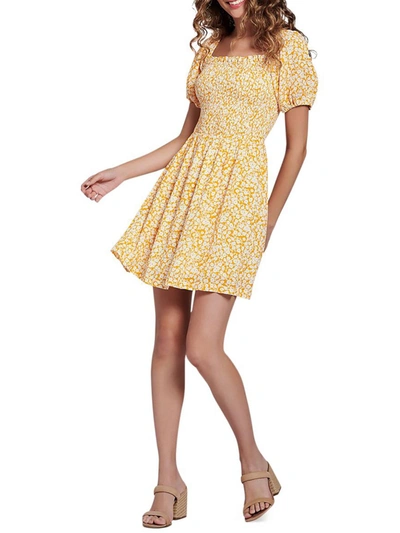 Lost + Wander Womens Floral Print Smocked Mini Dress In Yellow